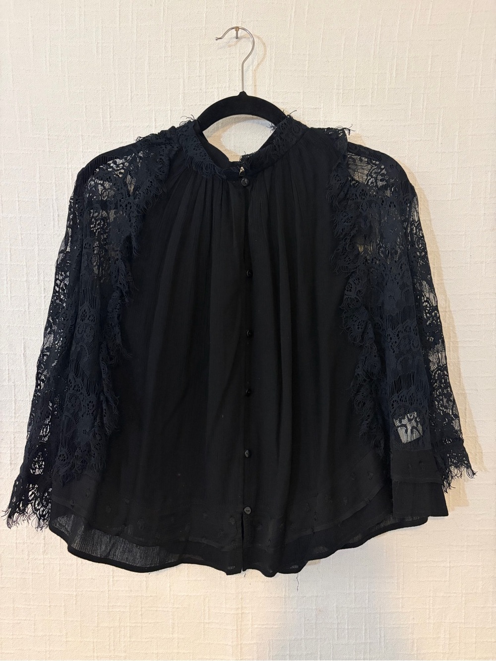 Women’s Black Solid High Neck Lace Blouse Button Front Long Sleeve Viscose M